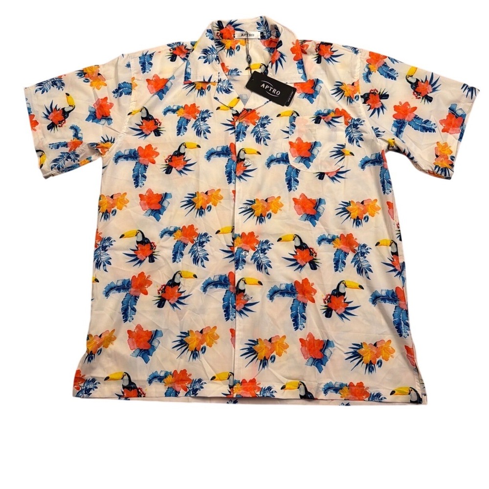 Aptro‎ Mens XL Tropical Toucan Hibiscus Button Down Shirt White Short Sleeve New